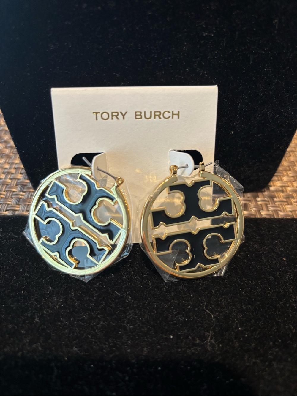 Tory Burch Gold-tone Round Logo Drop Earrings with Black Enamel